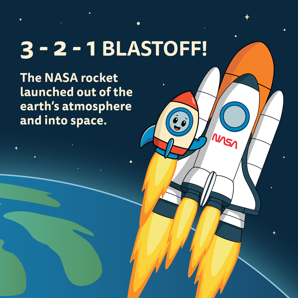 Page from The Little Rocket: '3-2-1 Blastoff!' as the NASA rocket launches into deep space.