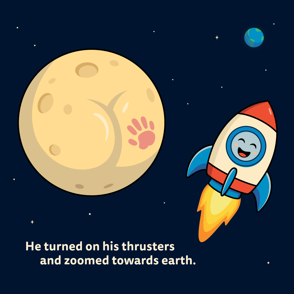 Page from The Little Rocket: the little rocket turns on his thrusters and zooms toward earth.